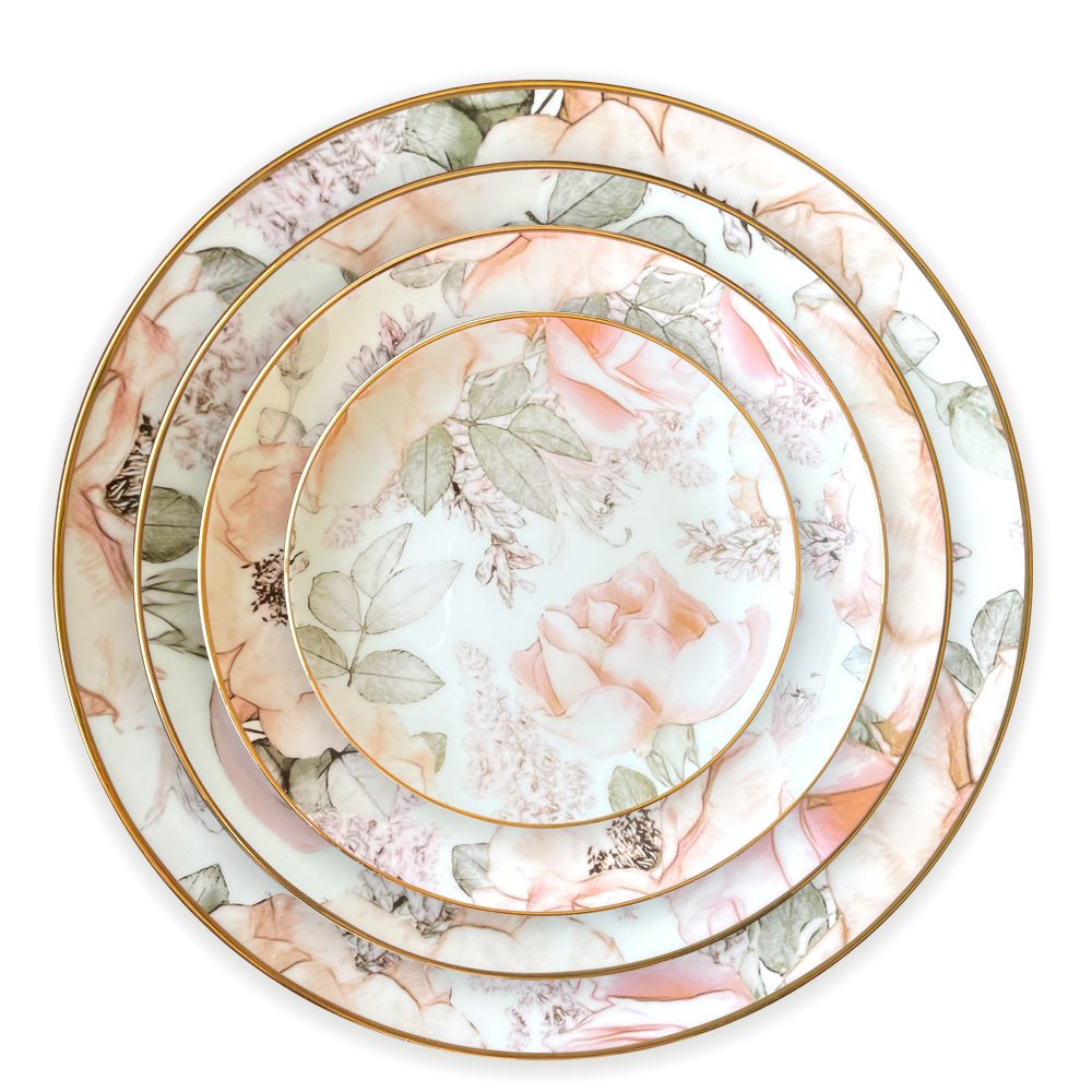 4-piece porcelain plate set Rose Flower gold-rim